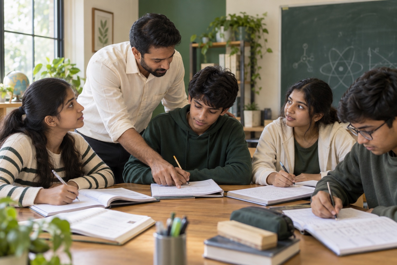 Illustrative scene of a tutor giving a student individual help while classmates work on their own exercises