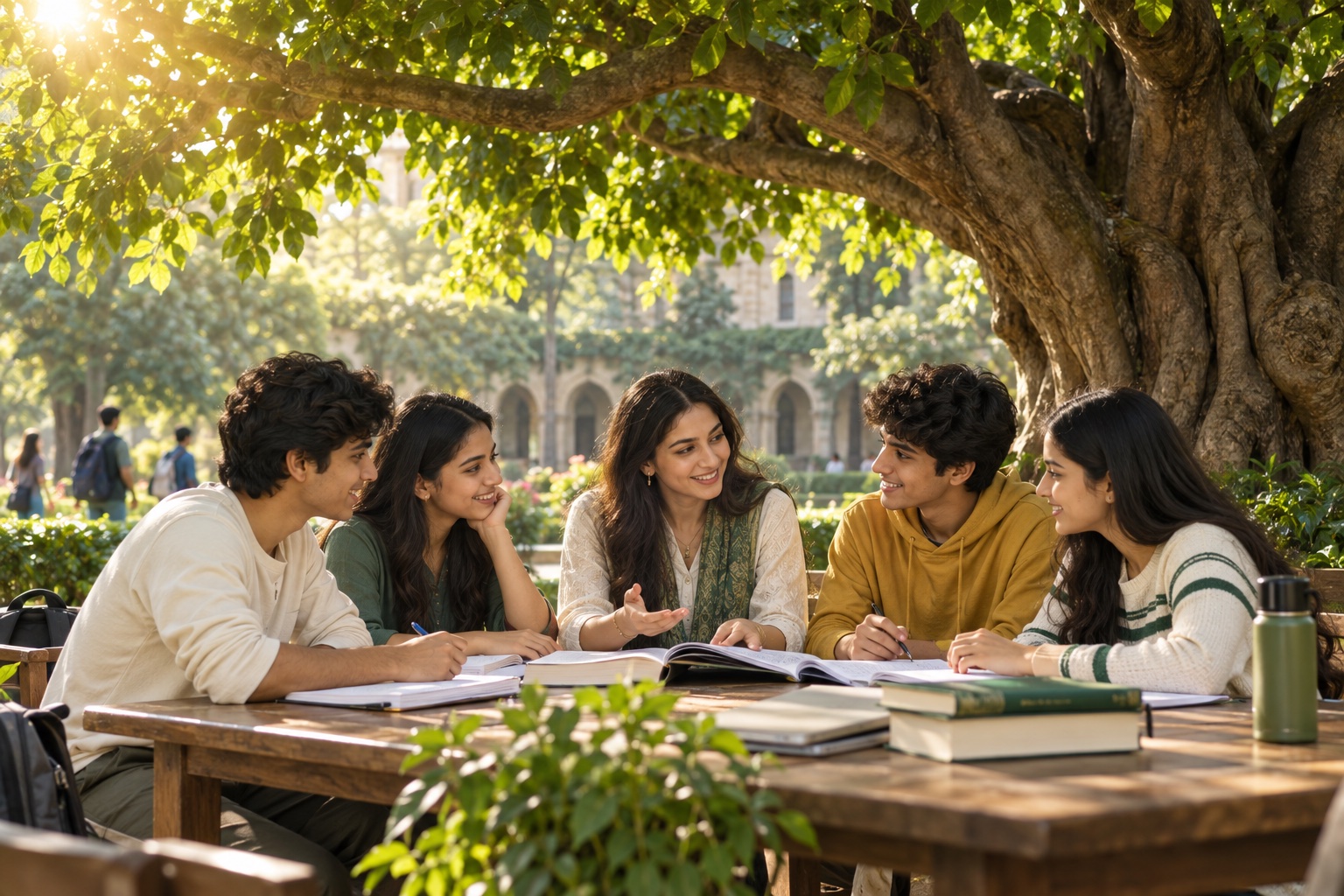 Illustration of students and a tutor learning together beneath a sunlit tree