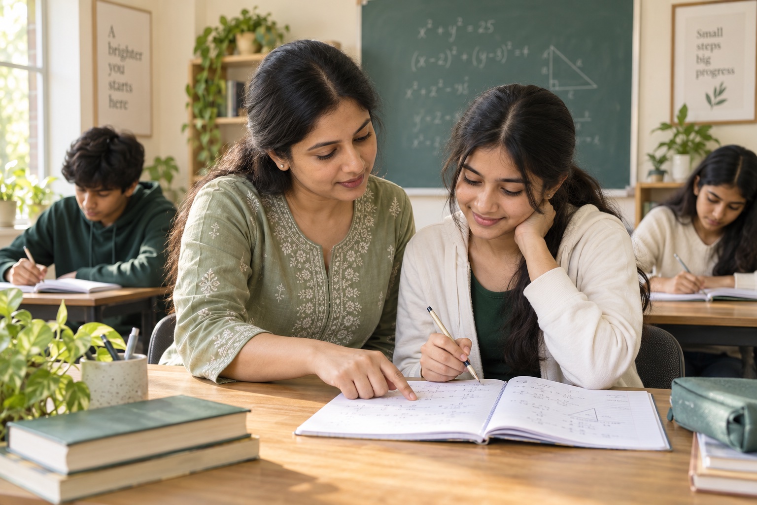 Illustrative scene of a tutor patiently explaining a maths exercise to a student at her desk